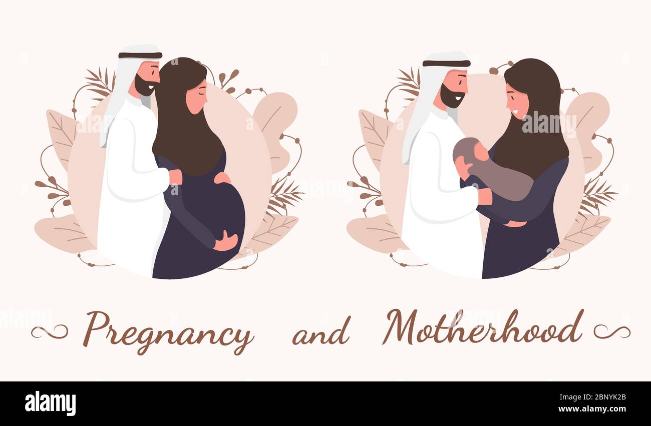 Traditional muslim family, pregnancy and child birth in arab couple. A