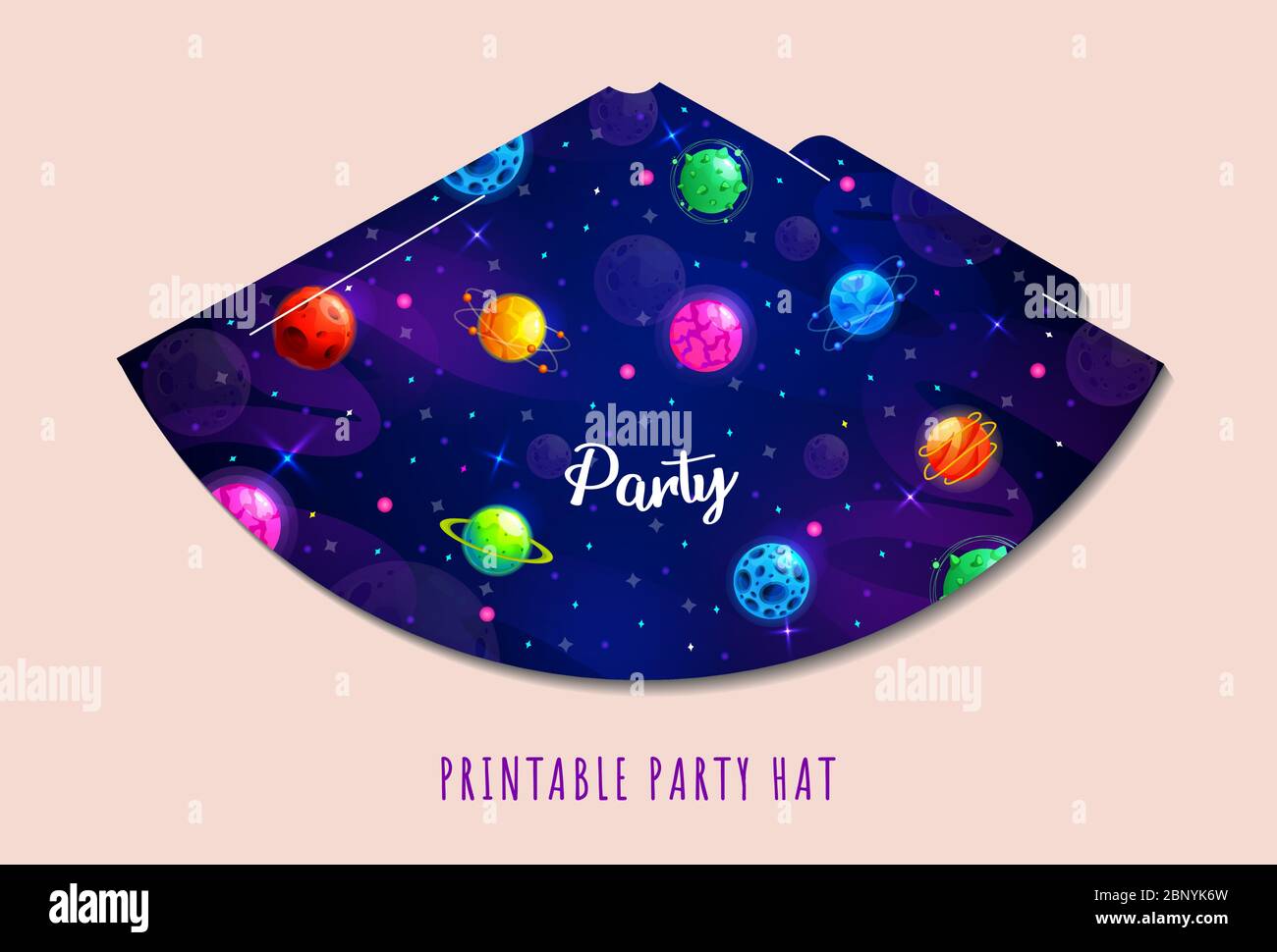 Party hats printable. Space party. Print and cut. Happy birthday elements. Vector set of cones template to head for holiday. Stock Vector