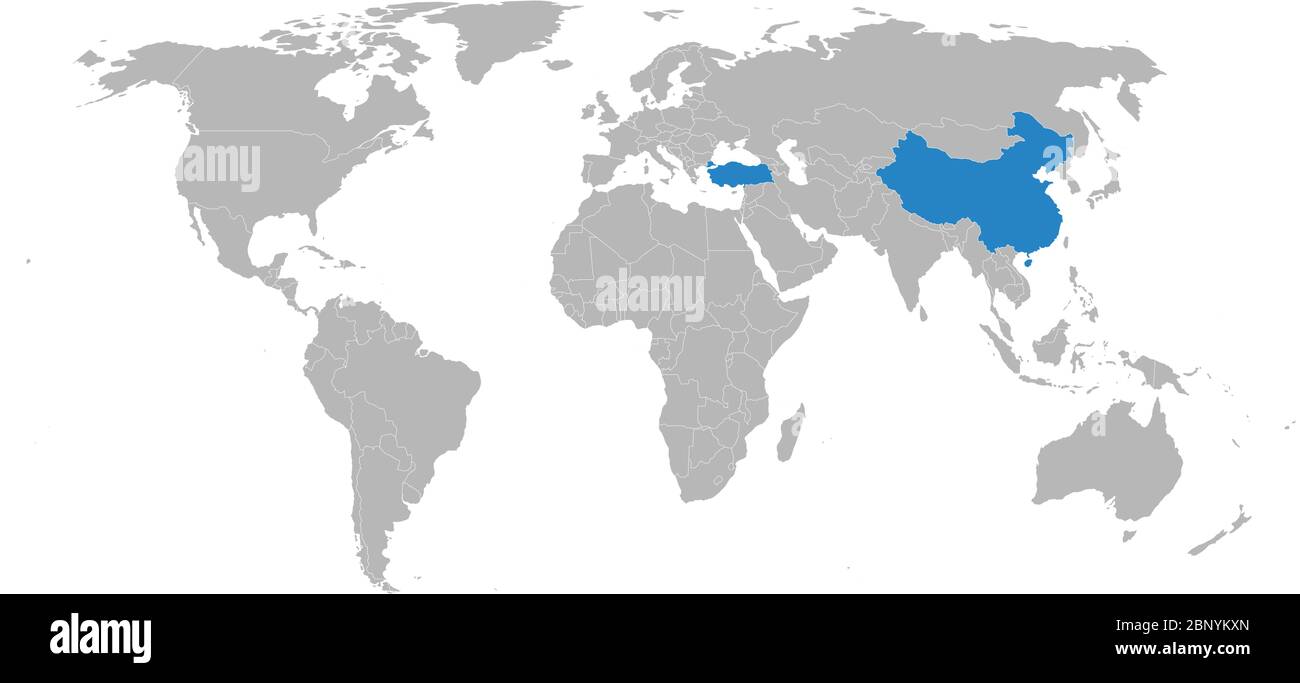 Turkey, china countries highlighted on world map. Light gray background