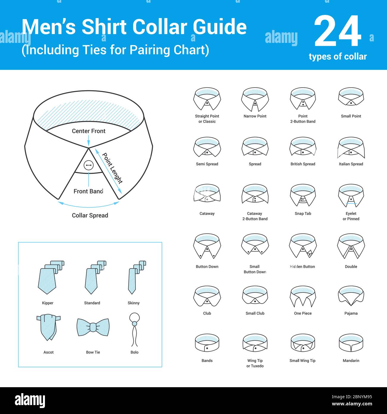 Men's shirt collar guide with matching ties models Stock Vector