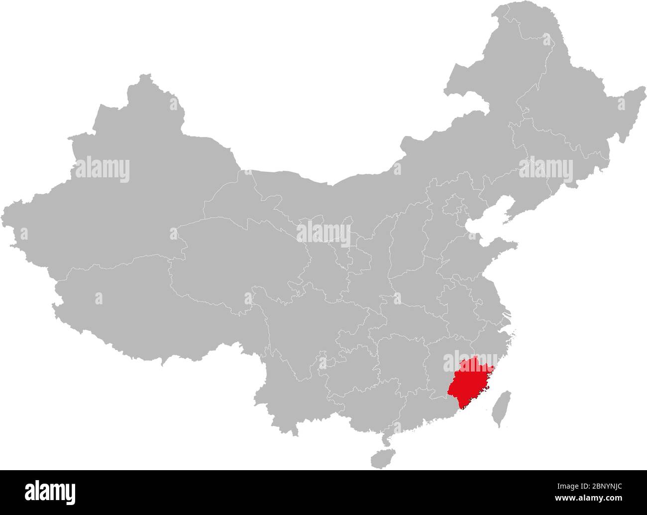 Fujian province highlighted on china map. Gray background. Stock Vector