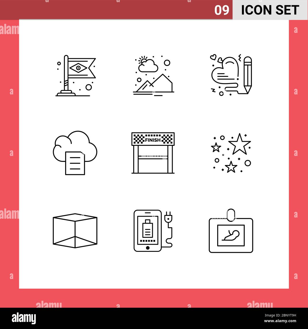 9 Universal Outlines Set for Web and Mobile Applications sport, finish, heart, document, cloud Editable Vector Design Elements Stock Vector