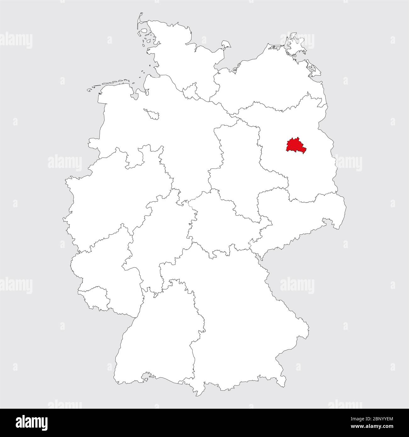 Berlin province highlighted on germany map. Gray background. German political map. Stock Vector