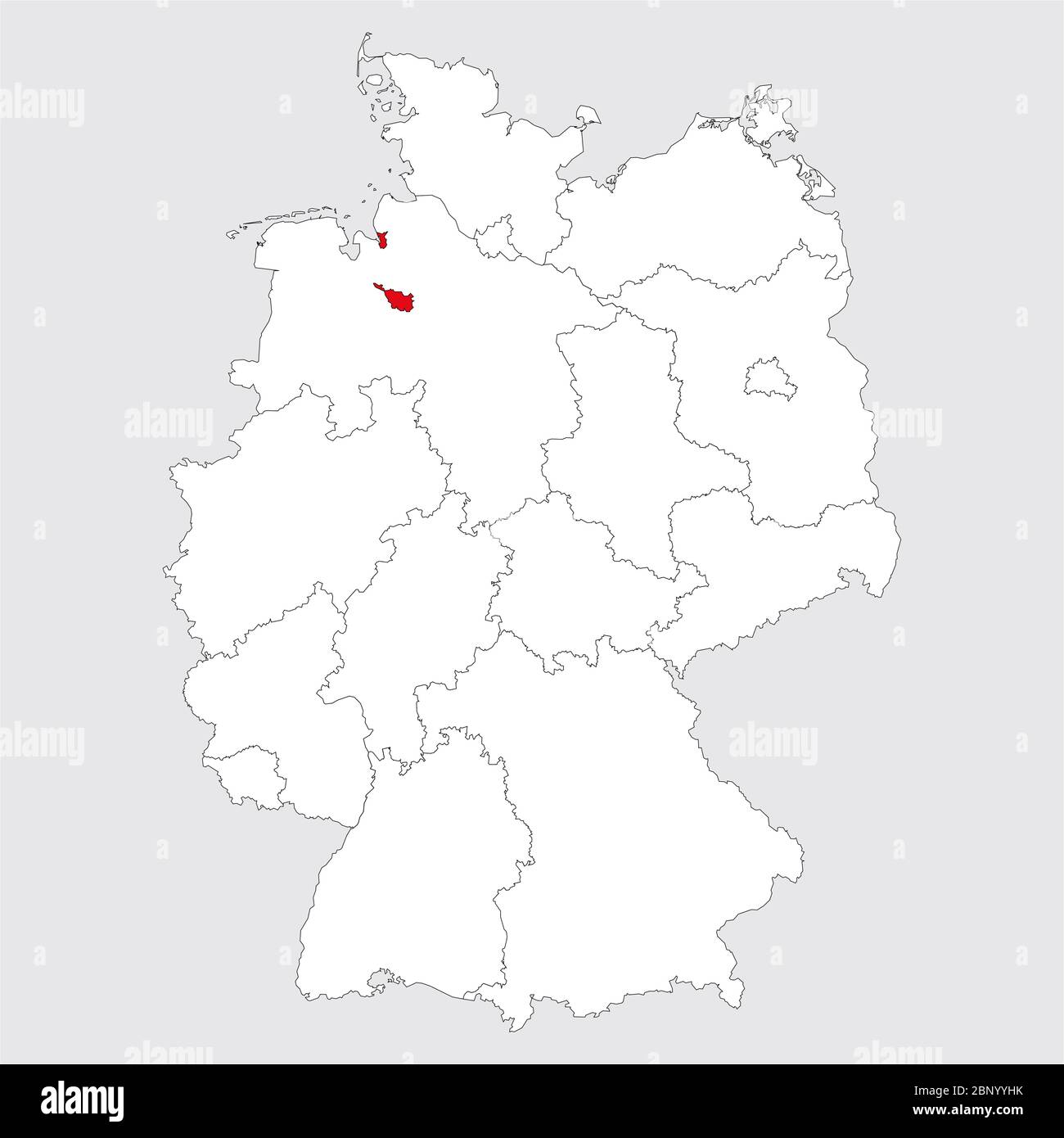 Bremen province highlighted on germany map. Gray background. German political map. Stock Vector