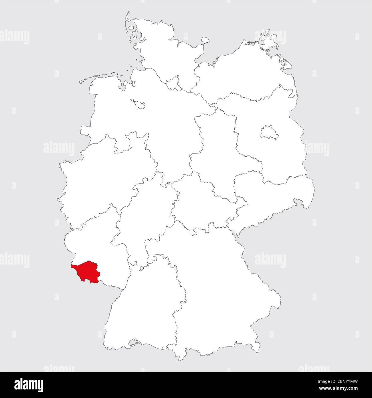 Saarland province highlighted on germany map. Gray background. German political map. Stock Vector