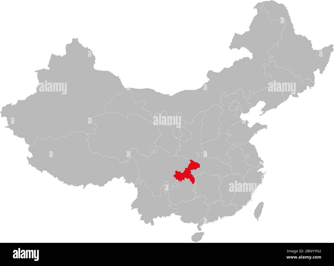 Chongqing province highlighted on china map. Gray background. Stock Vector