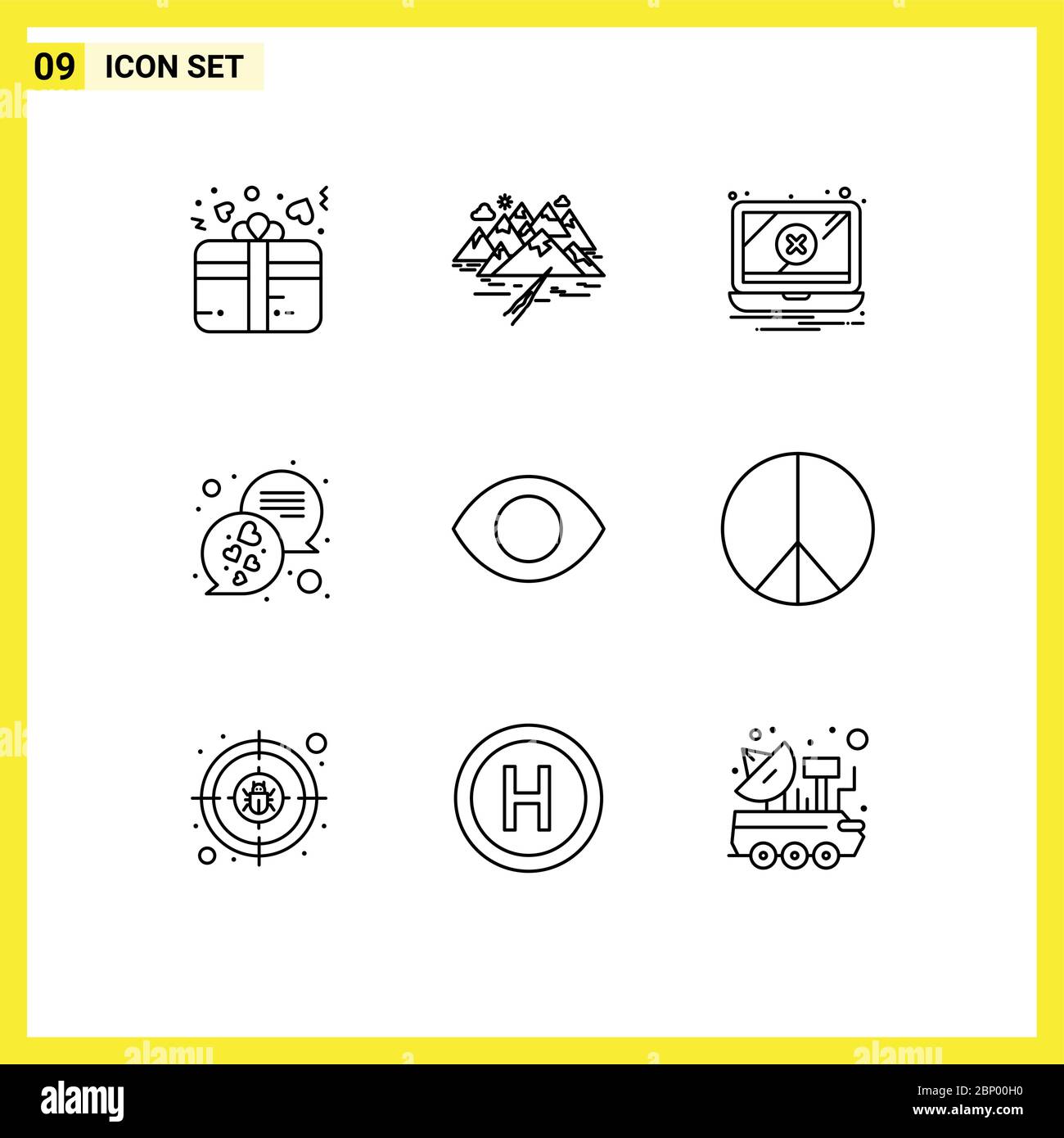 Outline Pack of 9 Universal Symbols of eye, messages, crack, love, warning Editable Vector Design Elements Stock Vector