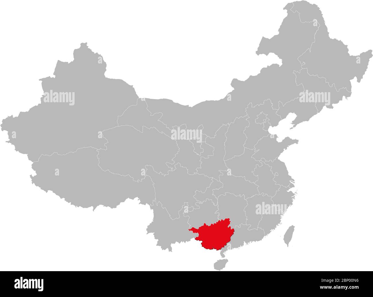 Guangxi zhuang province highlighted on china map. Gray background. Stock Vector