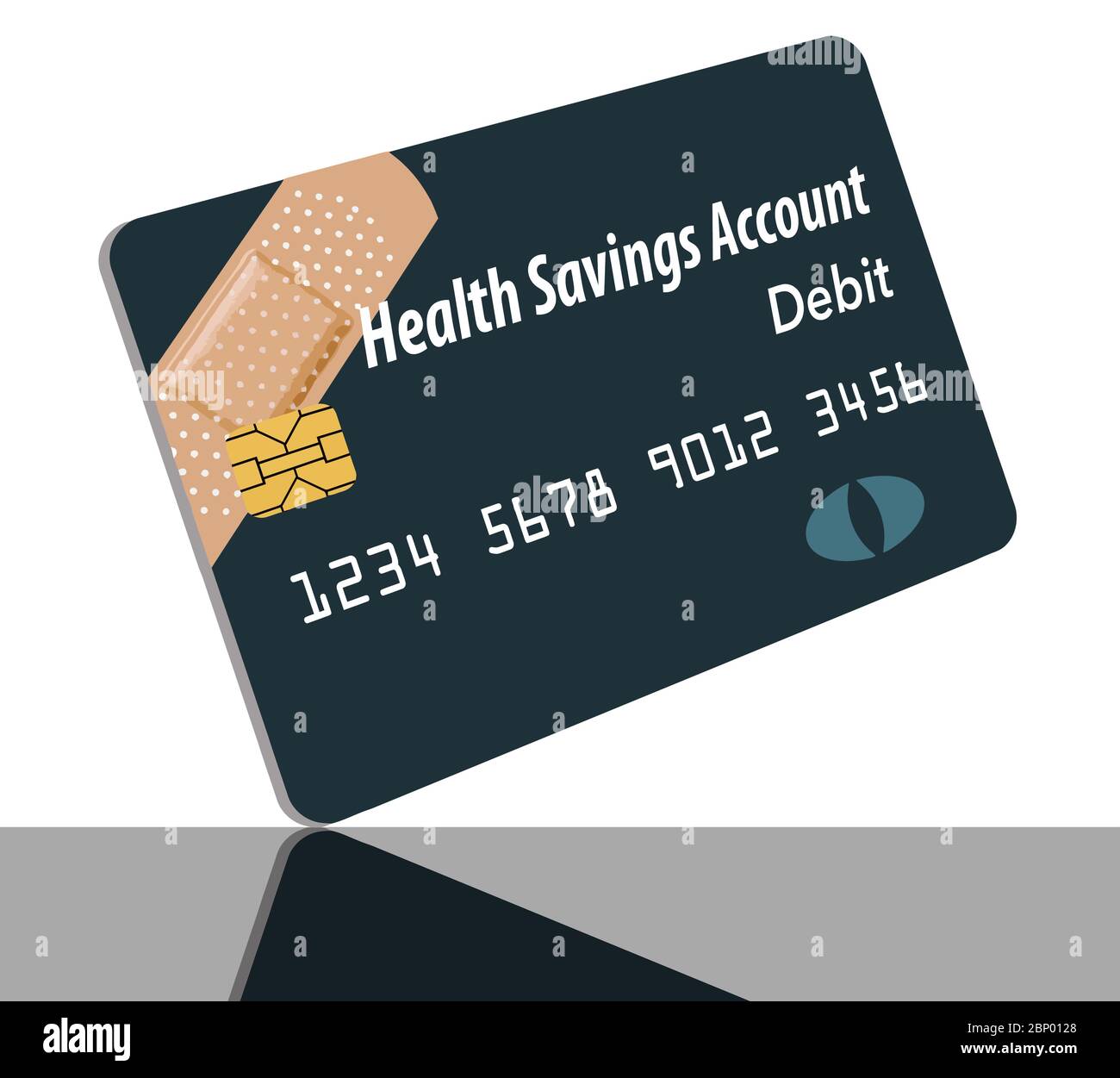 A mock generic Health Savings Account debit card is pictured. The HSA card is seen in a vector illustration. An adhesive bandage decorates the card. Stock Vector