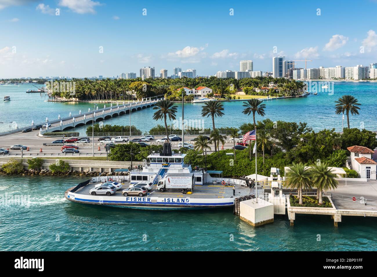 Miami, FL, United States - April 28, 2019: View of Star Island and the Fisher Island Ferry at Biscayne Bay in Miami, Florida, United States of America Stock Photo