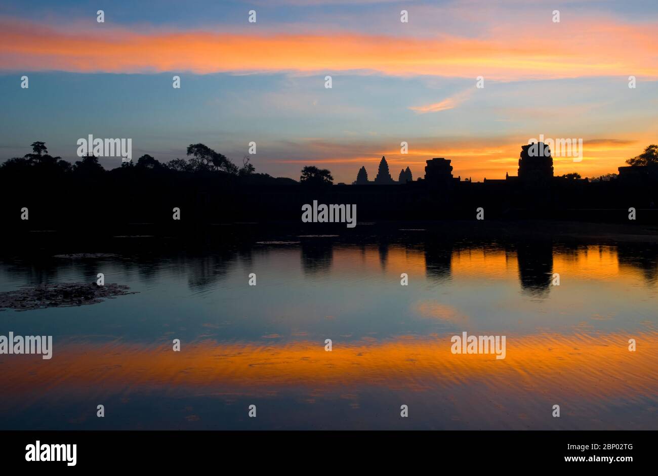 The silhouette of the Angkor Wat temple at sunrise with copy space, Siem Reap, Cambodia. Stock Photo