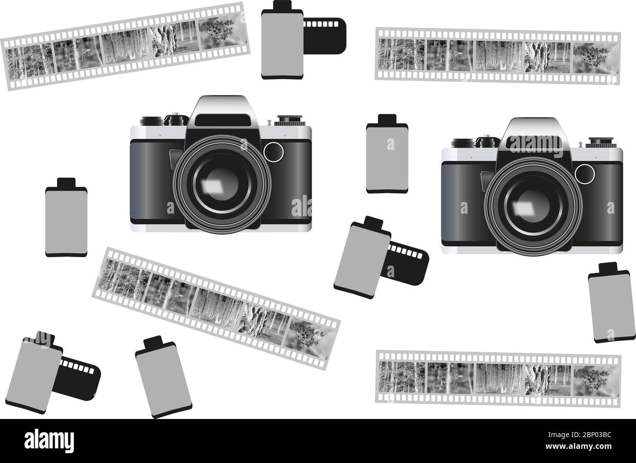 Analog camera, 35mm film roll and black and white negative. Photo equipment collage.  Retro photography. Monochrome clipart of a twentieth century tec Stock Photo