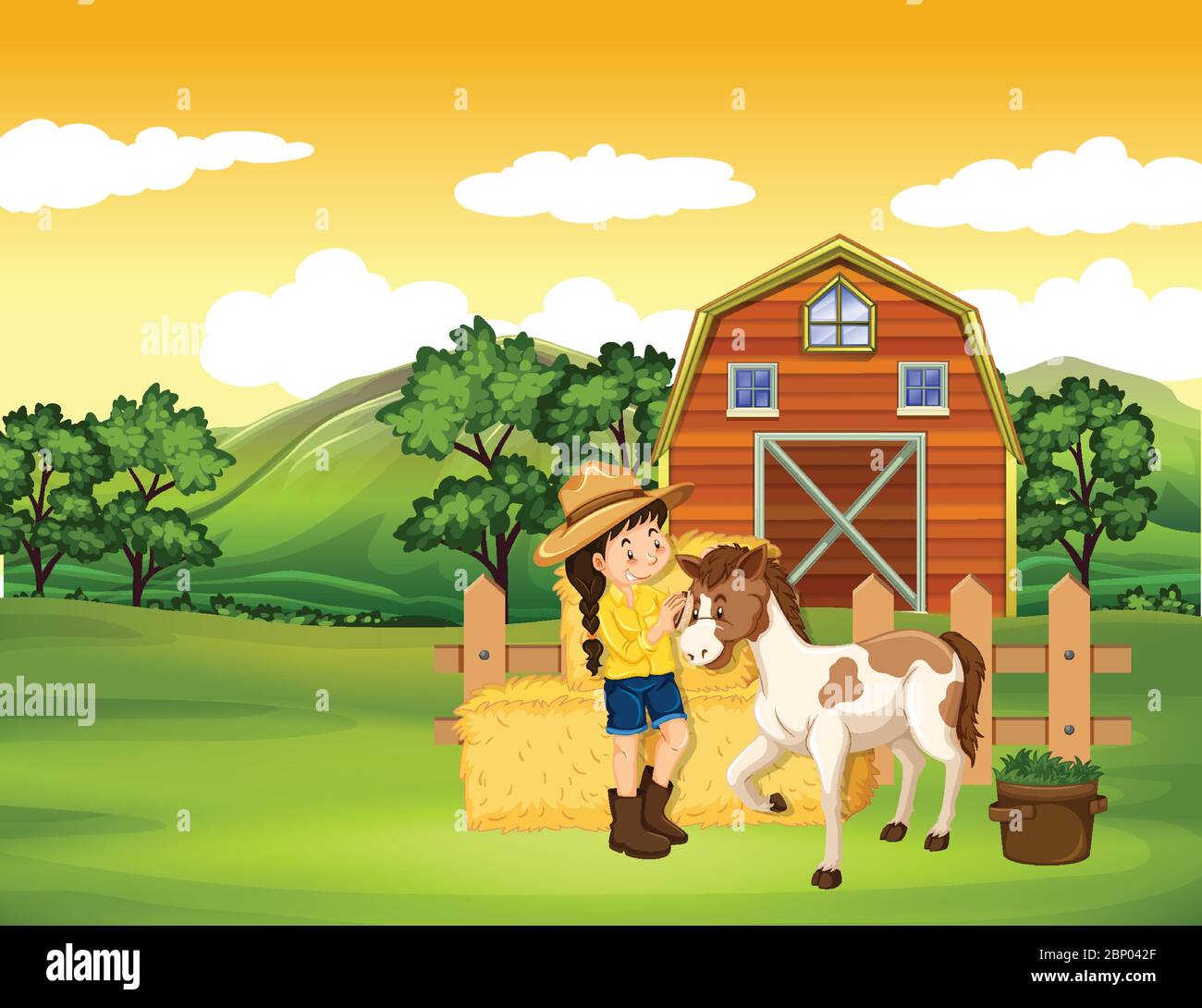 Farm scene with girl and horse on the farm illustration Stock Vector ...