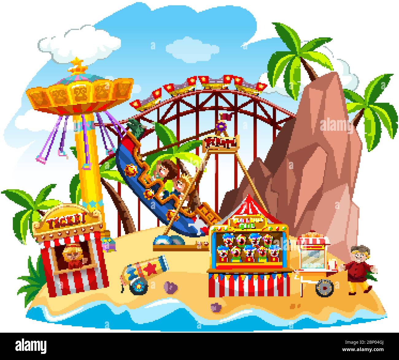 Themepark scene with many rides on the island illustration Stock Vector ...
