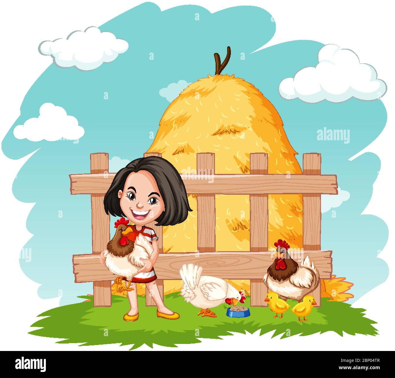 Scene with happy girl and chickens on the farm illustration Stock ...