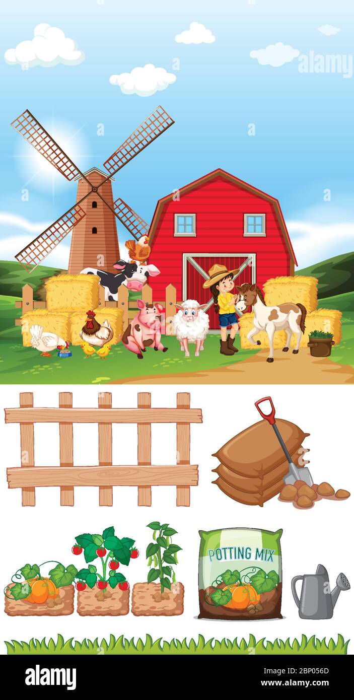Farm scene with many animals and other items on the farm illustration ...