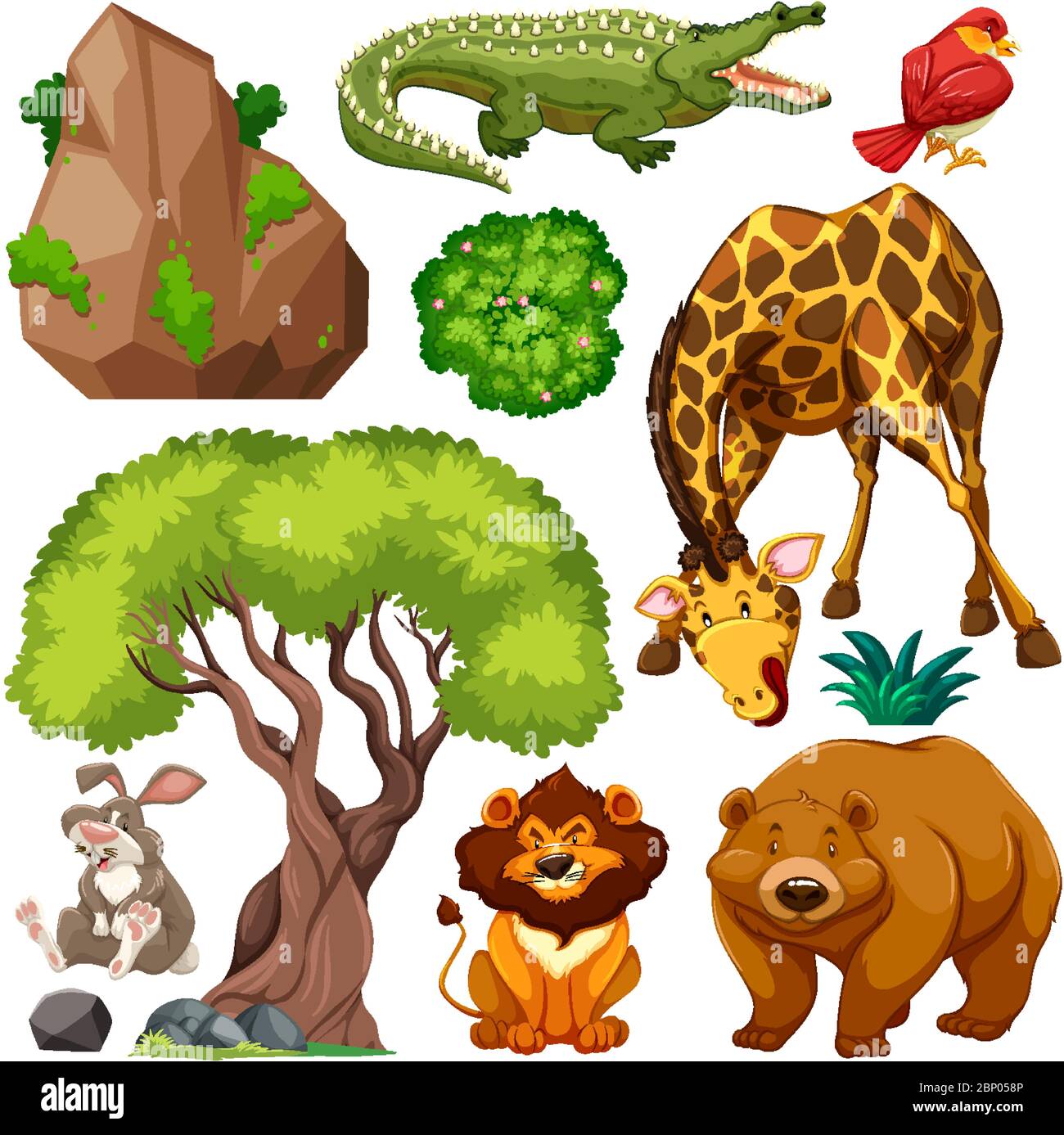 Set of cute wild animal and nature illustration Stock Vector Image ...