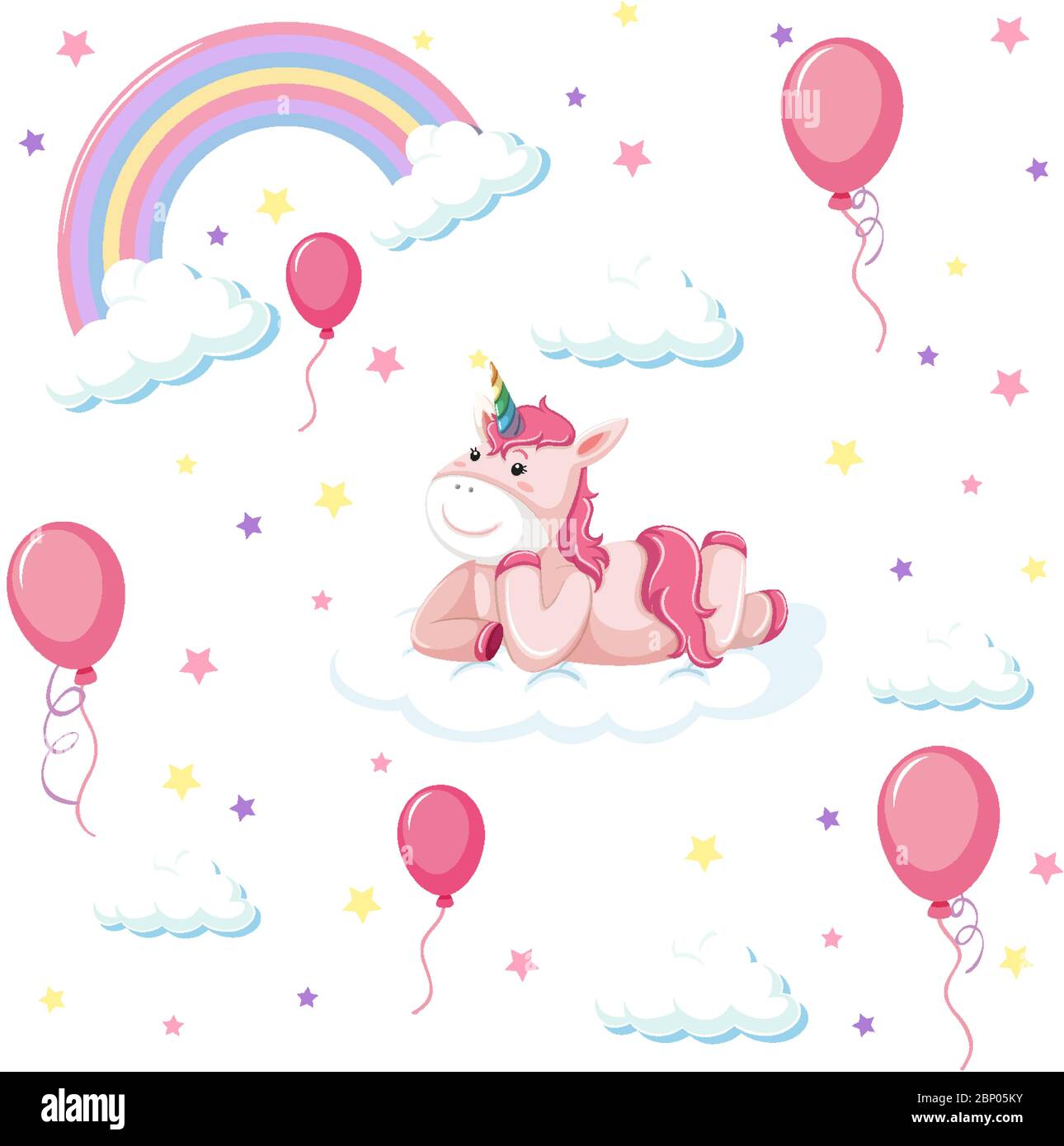 Set of cute unicorn with rainbow and balloon illustration Stock Vector ...