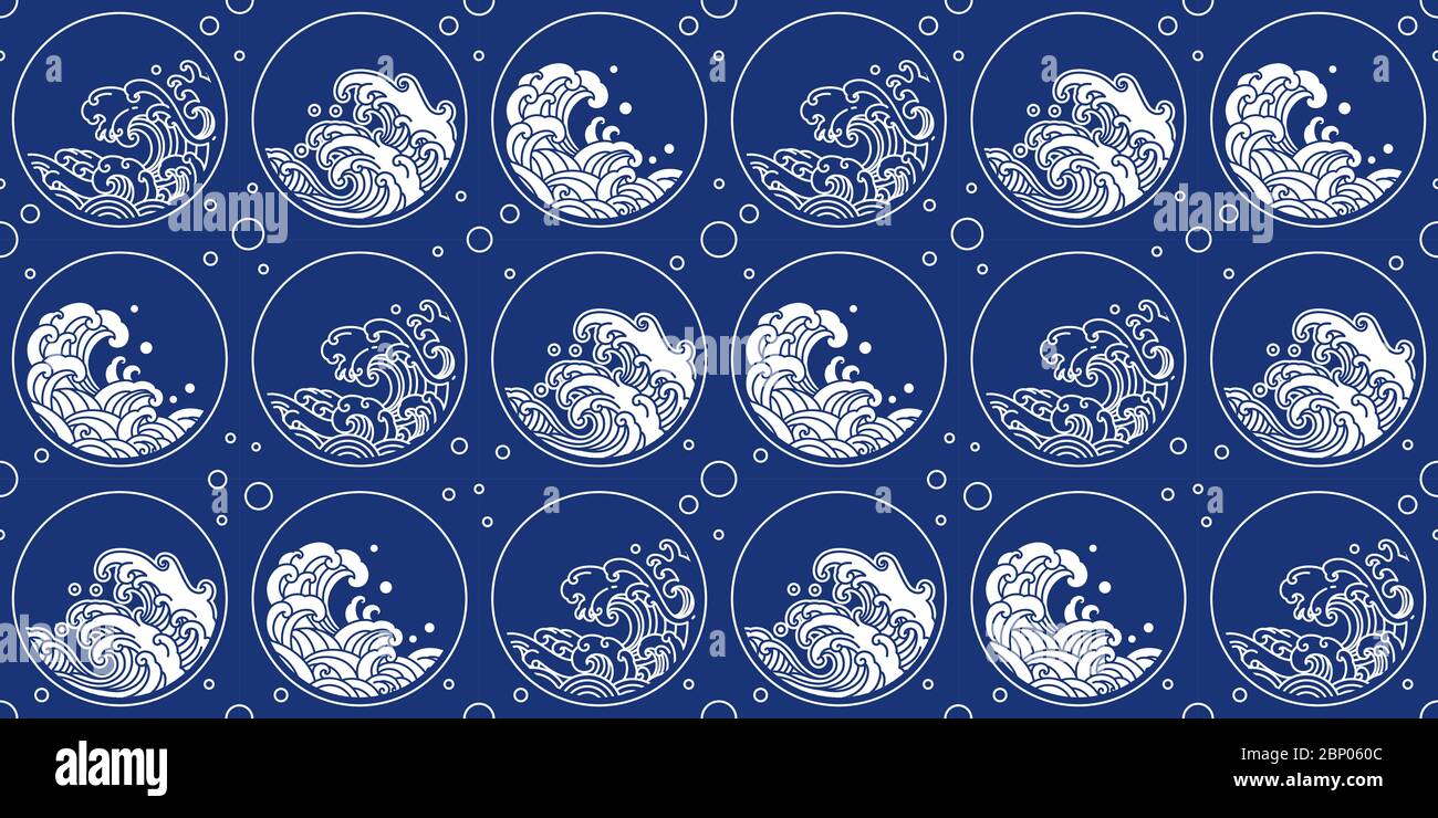 Chinese wave pattern oriental style round shape. Japan water wave seamlless for textiles and fabric printing.White on indigo print. Stock Vector
