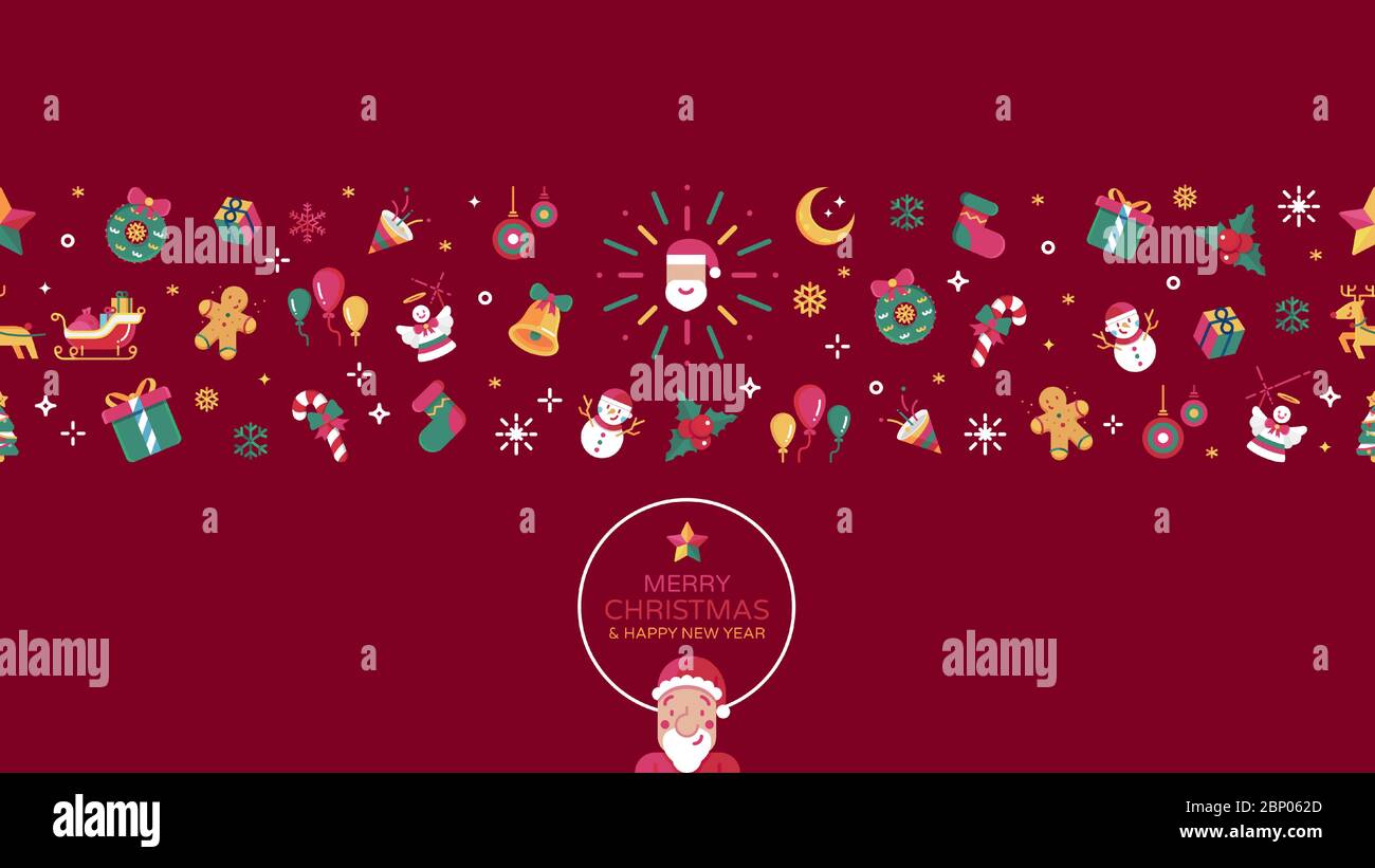 Merry christmas element flat design vector illustration. Seamless pattern isolated on red background. Stock Vector