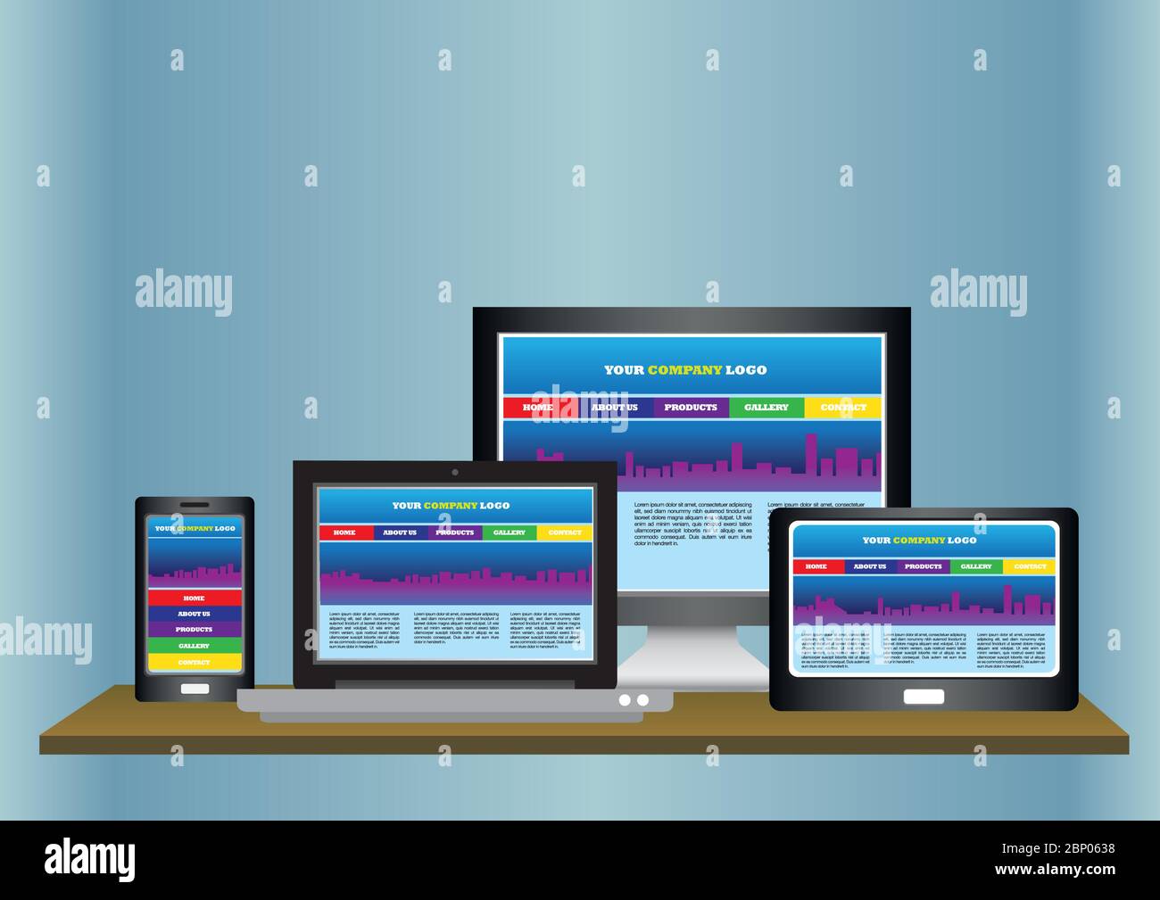 Same website content on monitor of desktop, laptop, tablet computer and
