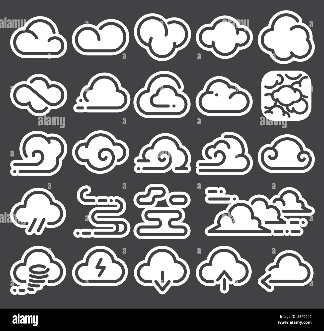 Clouds icon vector set. Line art and silhouette. Stock Vector
