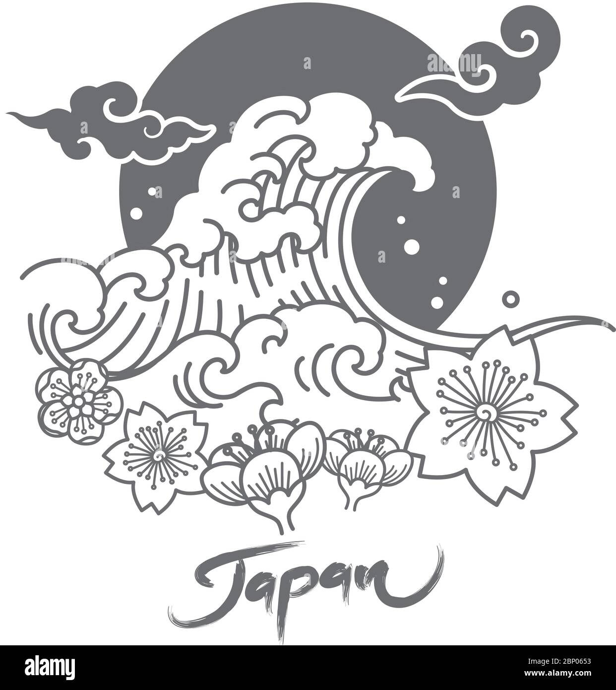 Japan symbolic logo with great wave and sakura flowers and oriental cloud and sun. Vector illustration. Stock Vector