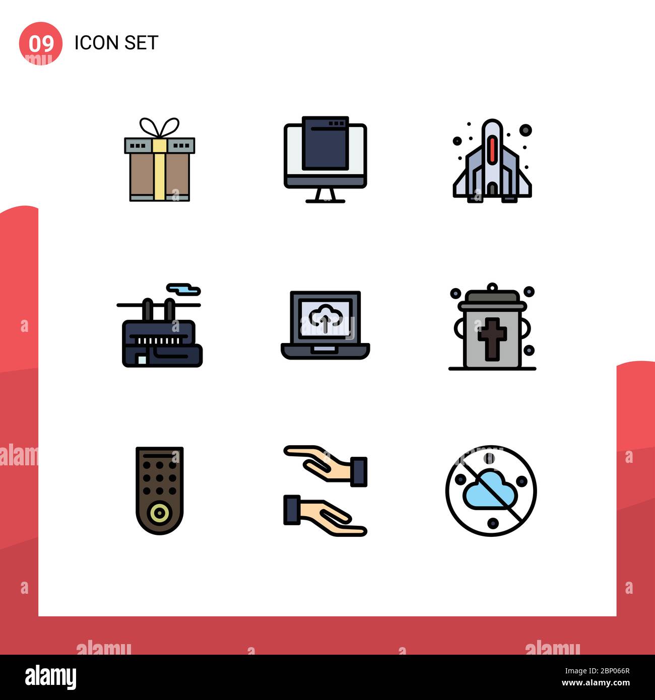 Universal Icon Symbols Group of 9 Modern Filledline Flat Colors of laptop, transport, popup, tramway, play Editable Vector Design Elements Stock Vector