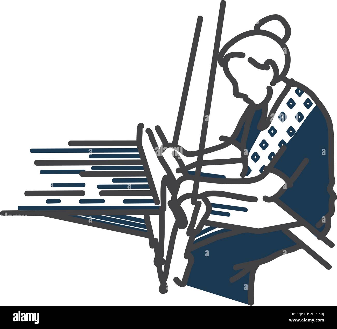 A woman hand weaving and dyeing drawing with single line stroke style. Wearing an indigo fabric and local textiles. Stock Vector