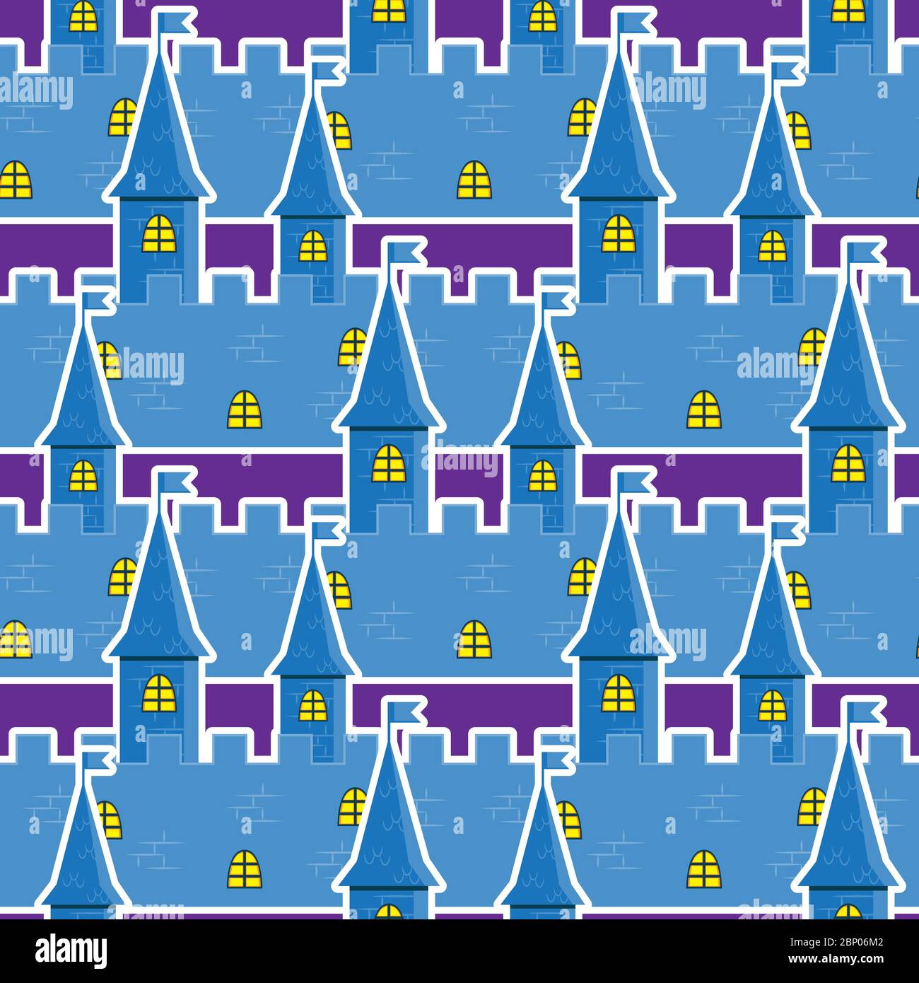 Seamless pattern of a medieval cartoon castle on a purple background. Vector image Stock Vector