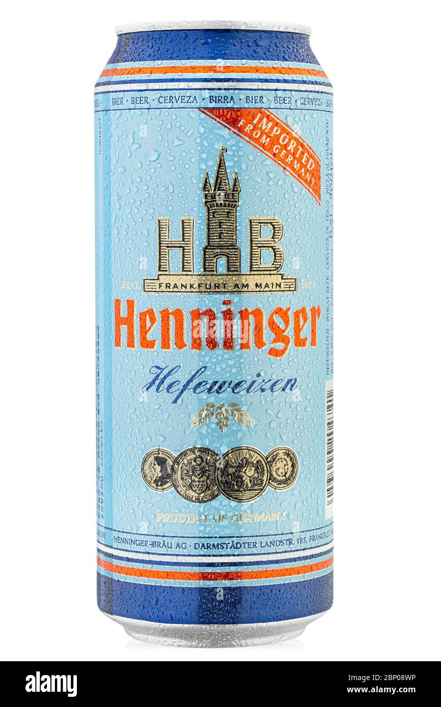 Ukraine, Kyiv - March 15. 2020: Aluminium cold can of Henninger Нefeweizen beer from manufacturer Radeberger Gruppe Isolated on white background. Wate Stock Photo