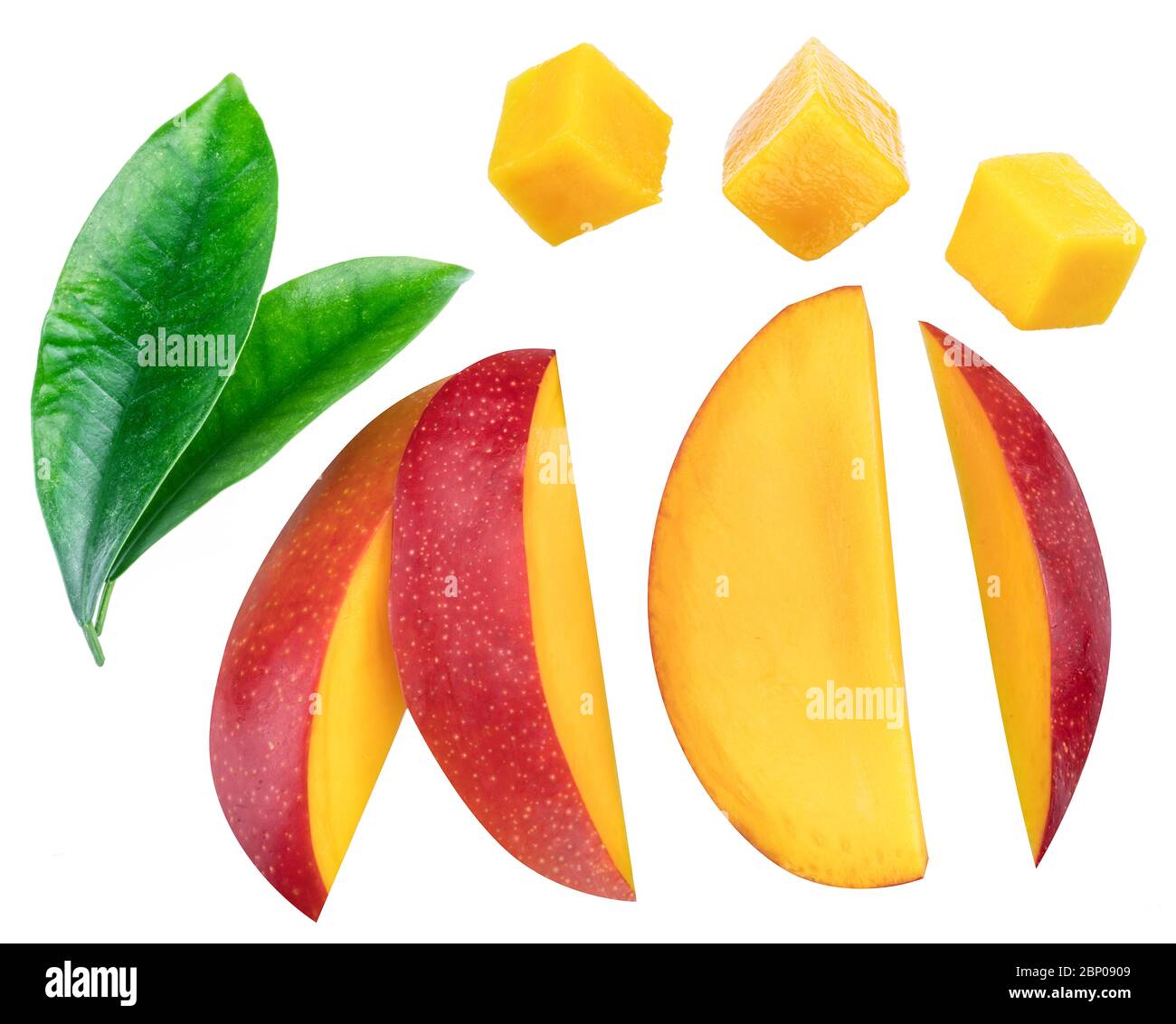 Set of mango slices and cubes isolated on a white background Stock