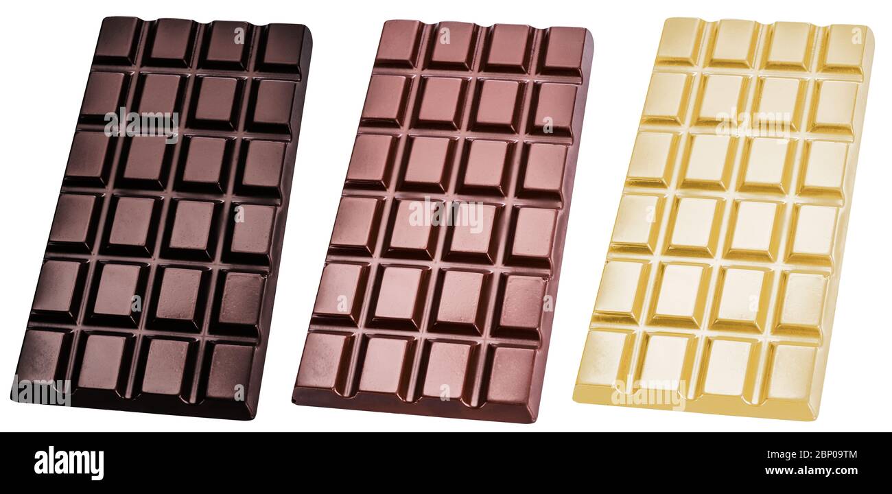 Three types of chocolate bars - black, milk and white isolated on a white background. File contains clipping path for each chocolates. Stock Photo