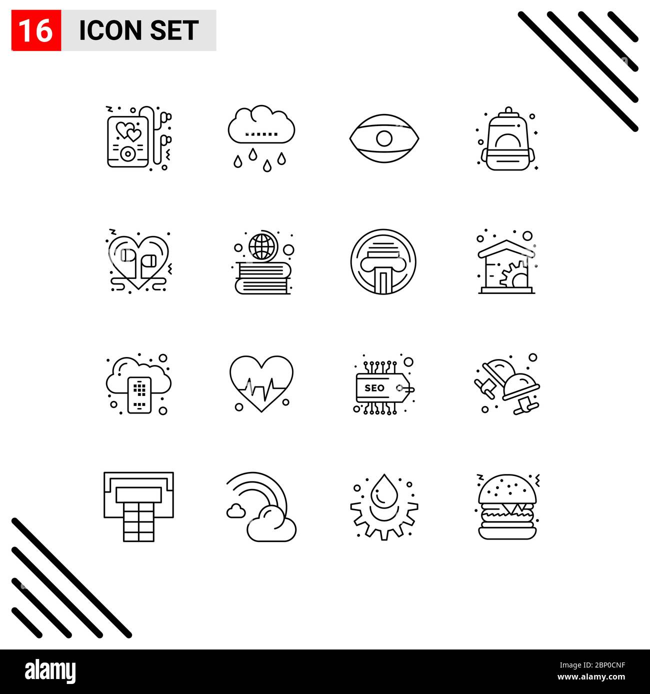 User Interface Pack of 16 Basic Outlines of love, headphone, face, school, bag Editable Vector Design Elements Stock Vector