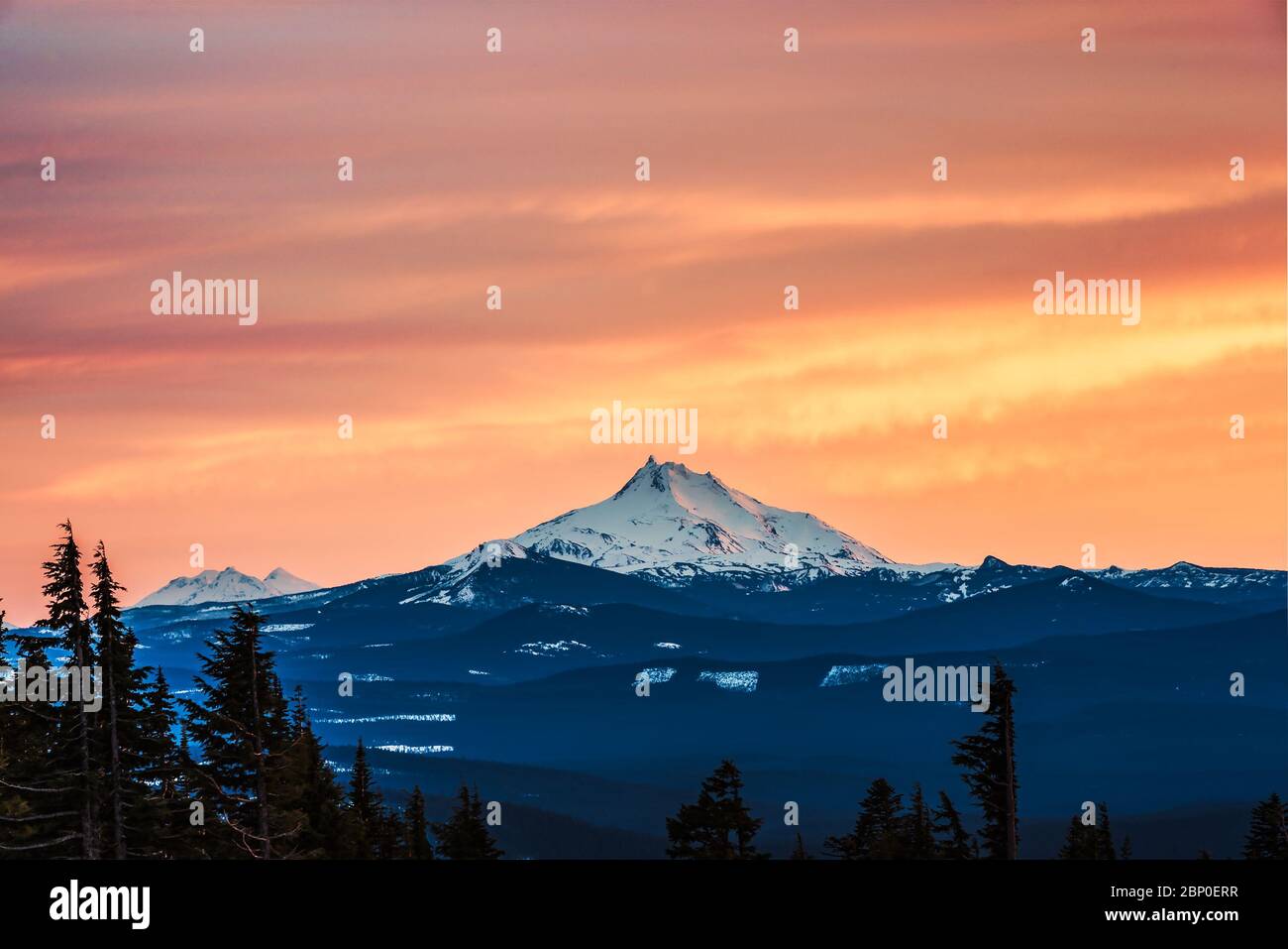 scenic view of mt Jefferson on sunset  in winter,Oregon,usa. Stock Photo