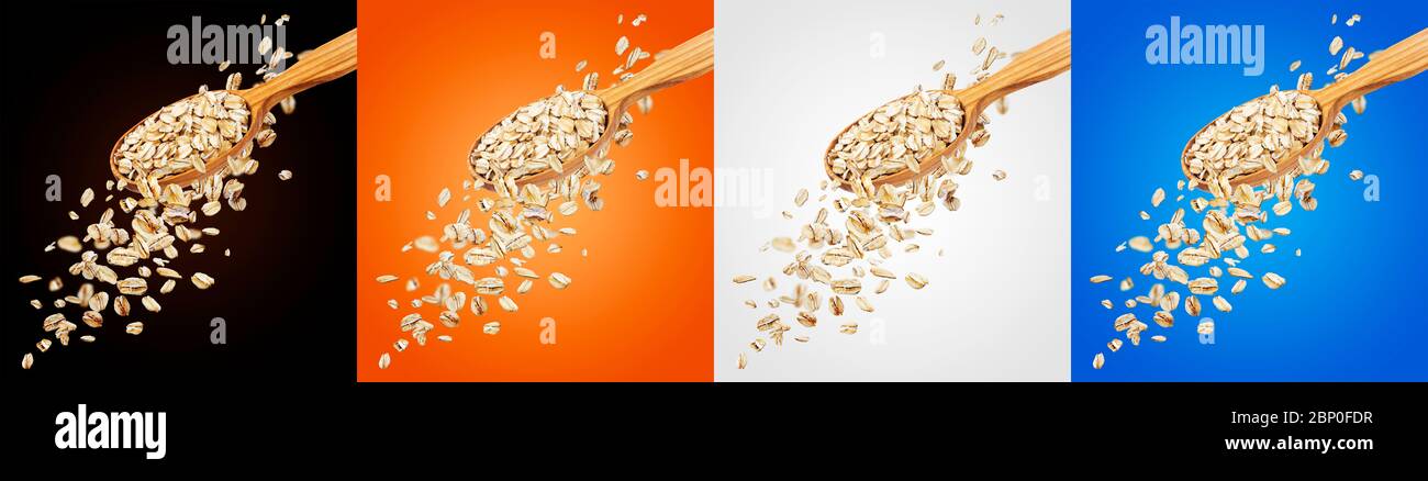 Collection of oatmeal cereals, falling oat flakes in spoon Stock Photo