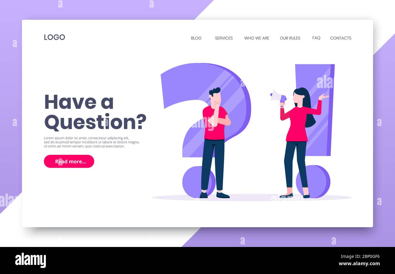 FAQ or Q and A internet landing page concept web template. Stock Vector