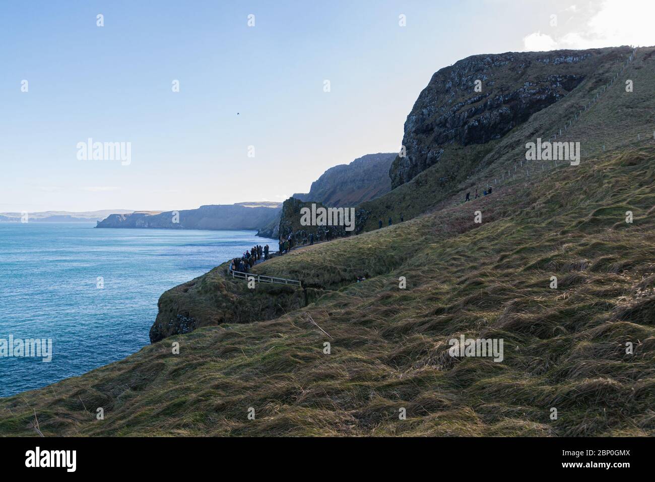 The White Cliffs Of Carrick A Rede in Ballintoy, Co. Antrim, Northern Ireland. Scenic landscape. Sunny day. Part of the Causeway Coastal Route. Stock Photo