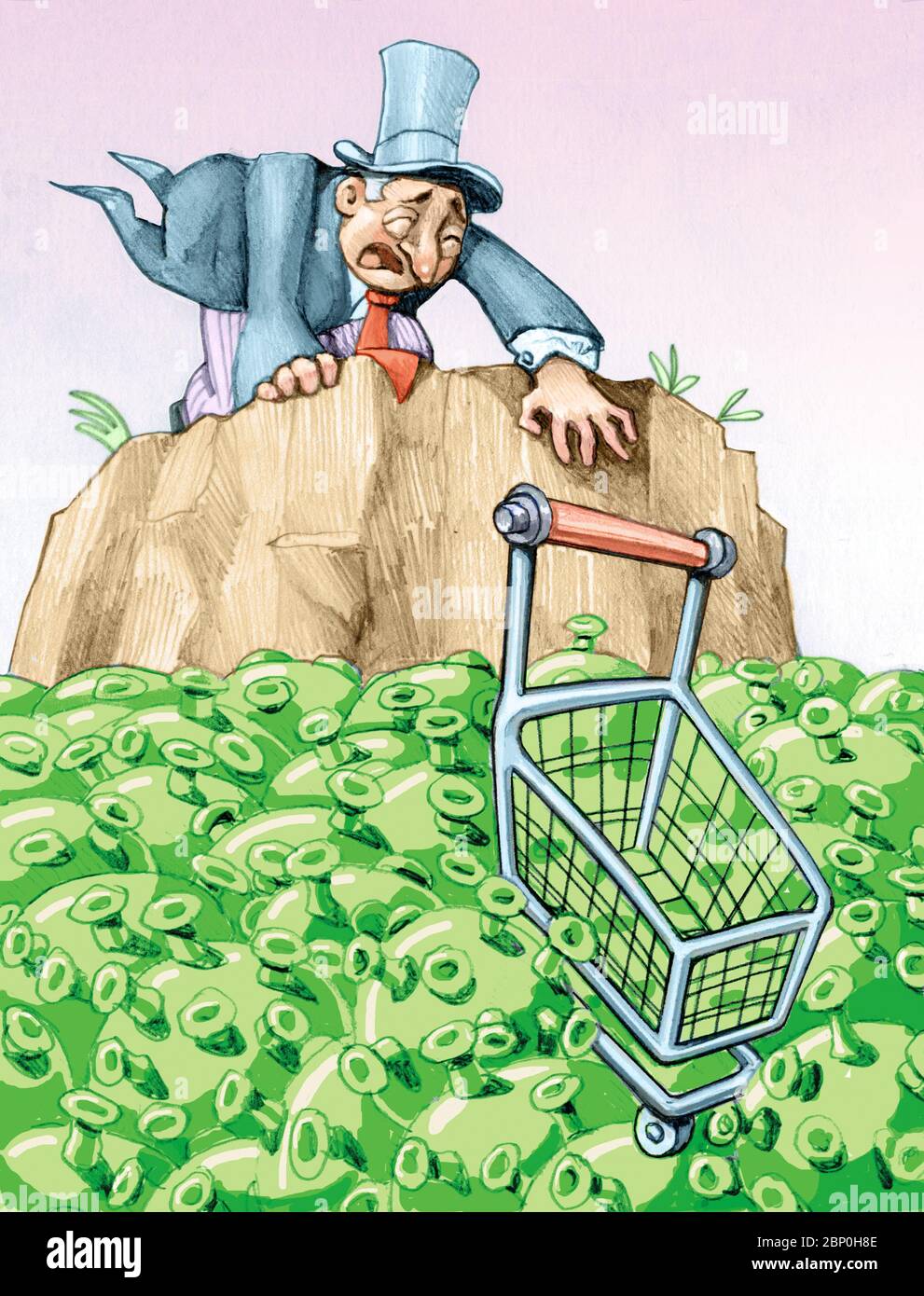 rich financier on cliff cries because in a sea of virus is sinking a shopping cart Stock Photo