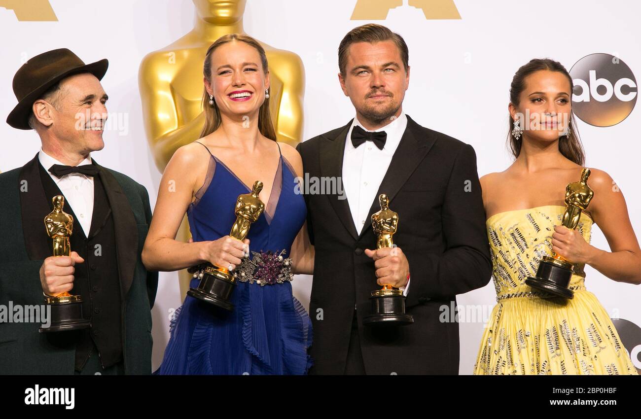 Can you name the missing celebrity from this image of OSCAR winners with their awards from 2016. Here's a clue - He played the infamous Jordan Belfort in Martin Scorsese's 2013 hit movie 'The Wolf of Wall Street'. ANSWER: Leonardo DiCaprio  88th Annual Academy Awards (Oscars) at Loews Hollywood Hotel - Arrivals  Featuring: Mark Rylance, Brie Larson, Leonardo DiCaprio, Alicia Vikander Where: Los Angeles, California, United States When: 28 Feb 2016 Credit: Brian To/WENN.com  Featuring: Mark Rylance, Brie Larson, Leonardo DiCaprio, Alicia Vikander Where: Los Angeles, California, United States Whe Stock Photo