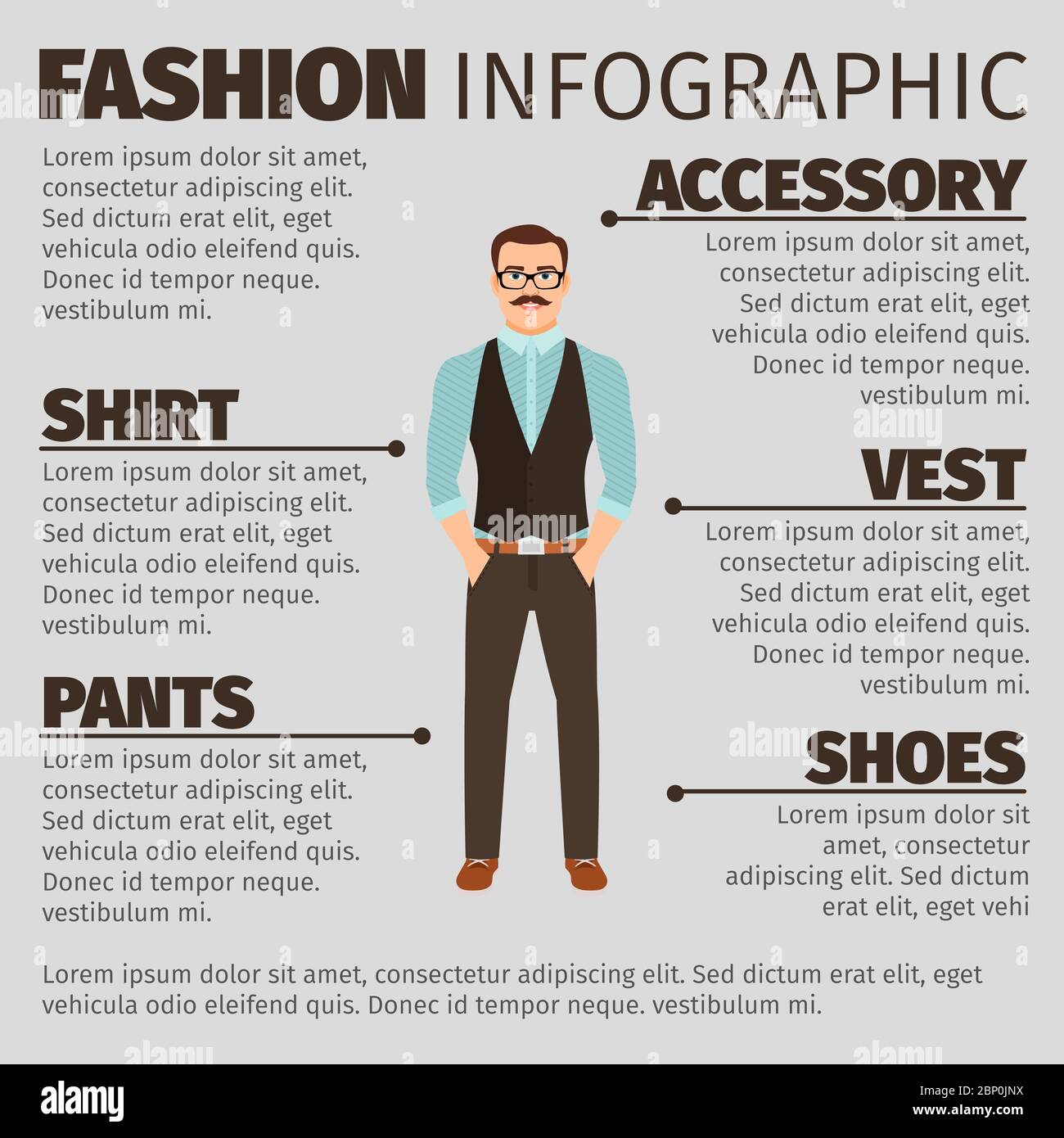 Fashion infographic with man in a hipster style clothes and sun glass. Vector illustration Stock Vector