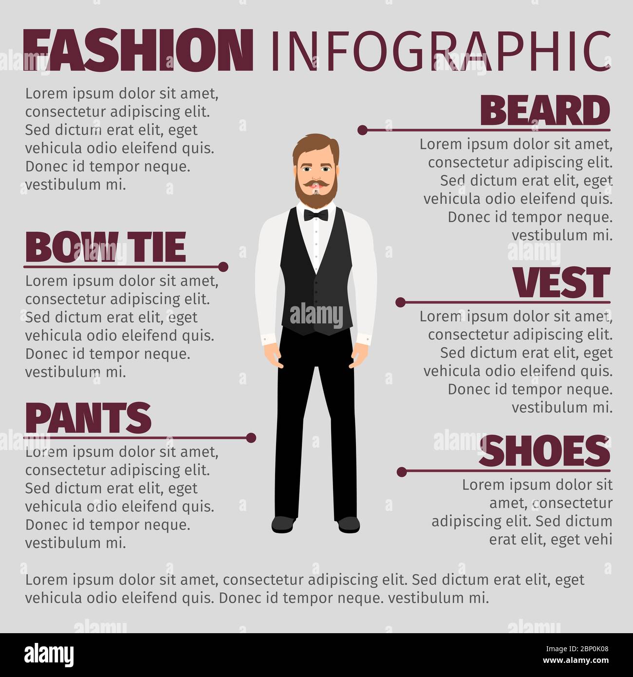 Fashion infographic with a bearded hipster in gray vest. Vector lillustration Stock Vector