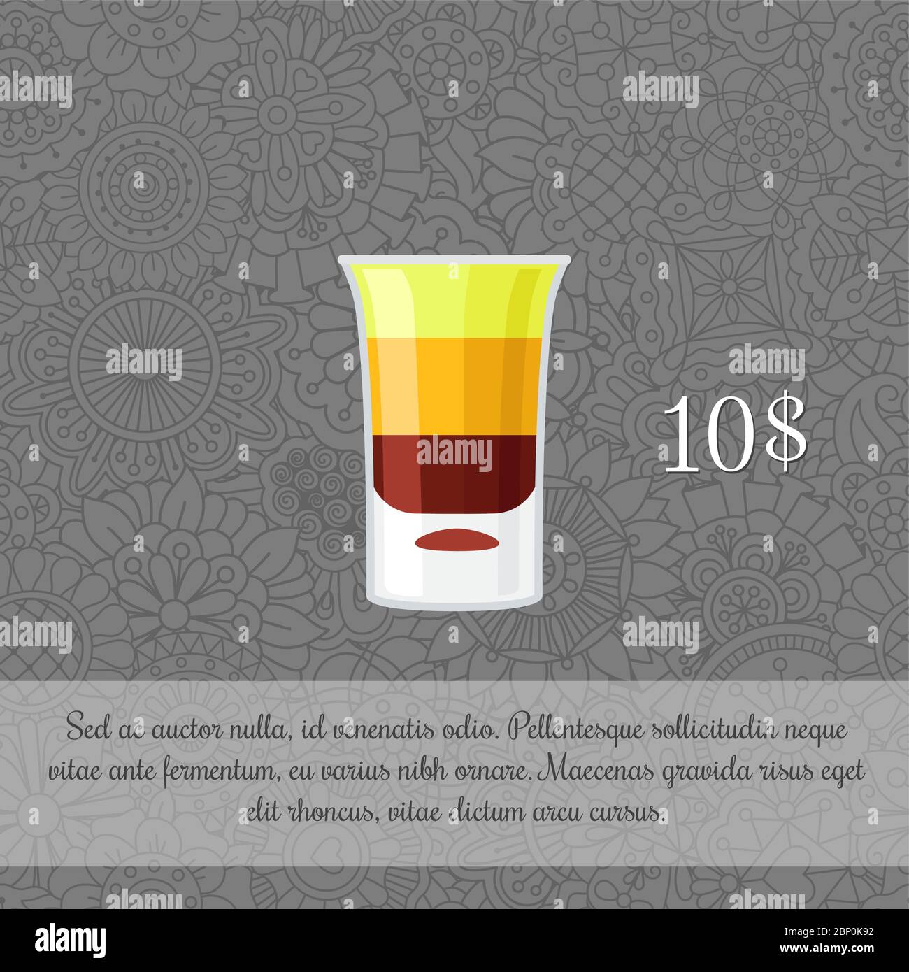 Alcoholic cocktail B-52 card template with price and patterned background. Vector illustration Stock Vector
