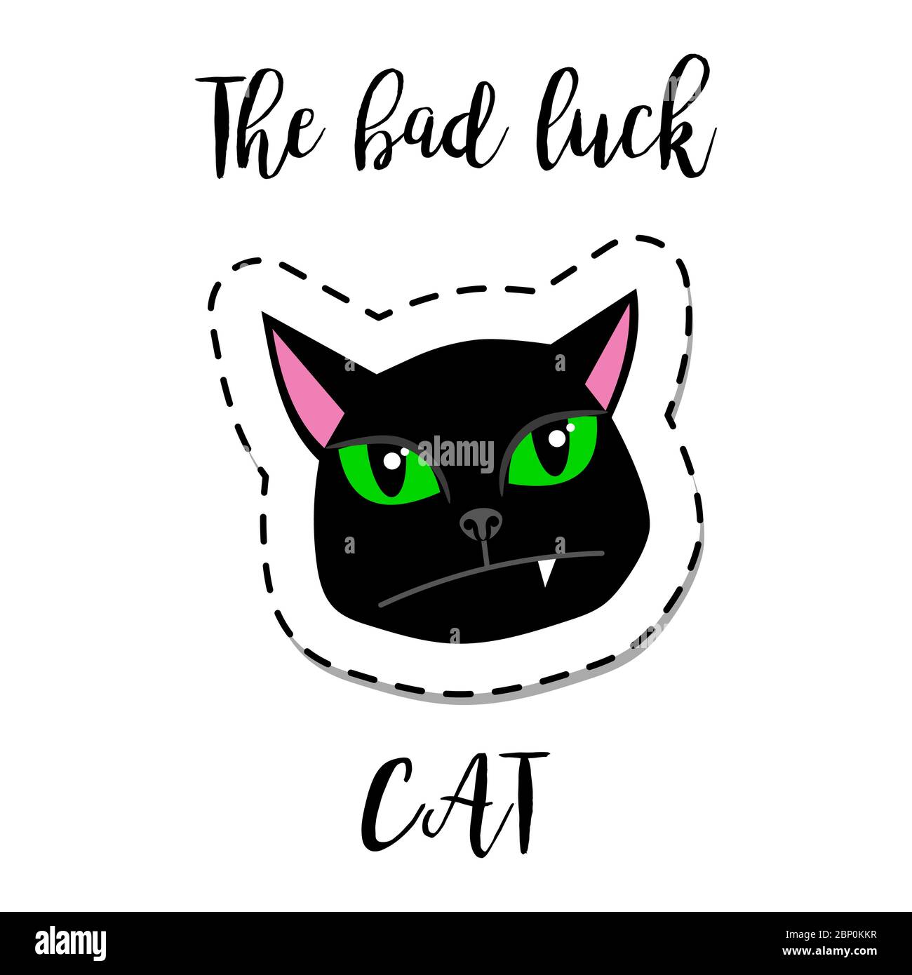 Fashion patch element with quote, The bad luck cat. Black cat face with