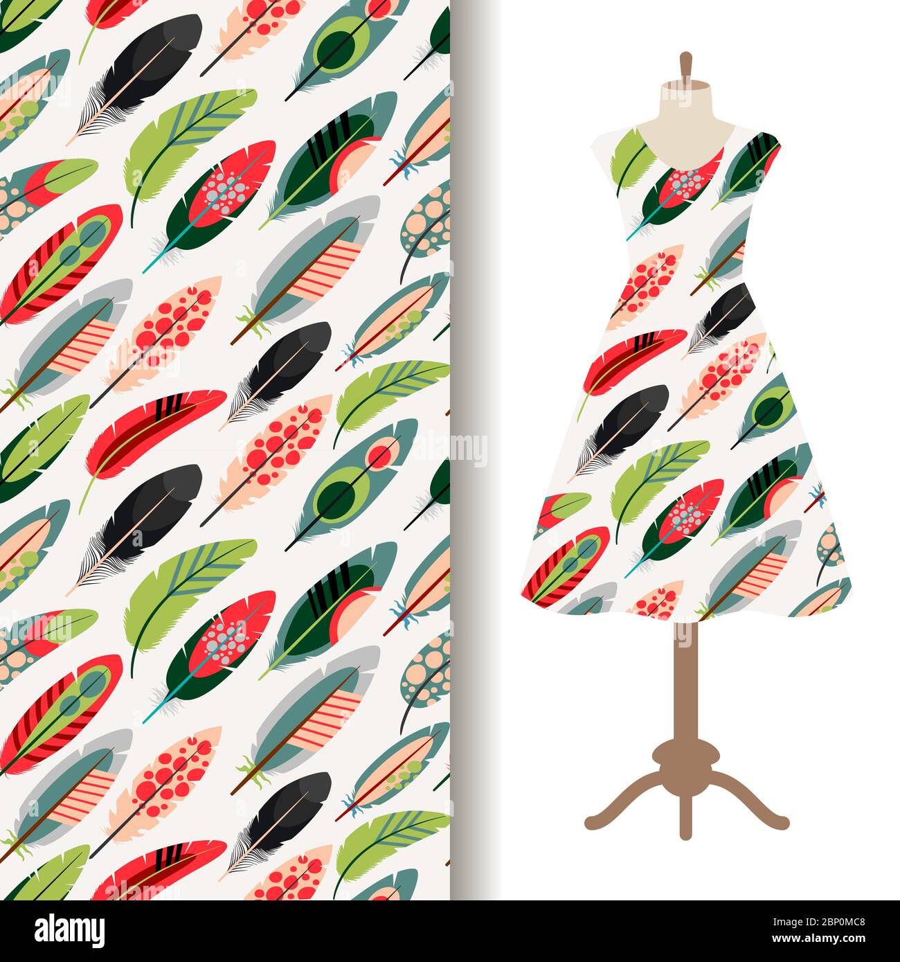 Women dress fabric pattern design on a mannequin with feathers. Vector illustration Stock Vector