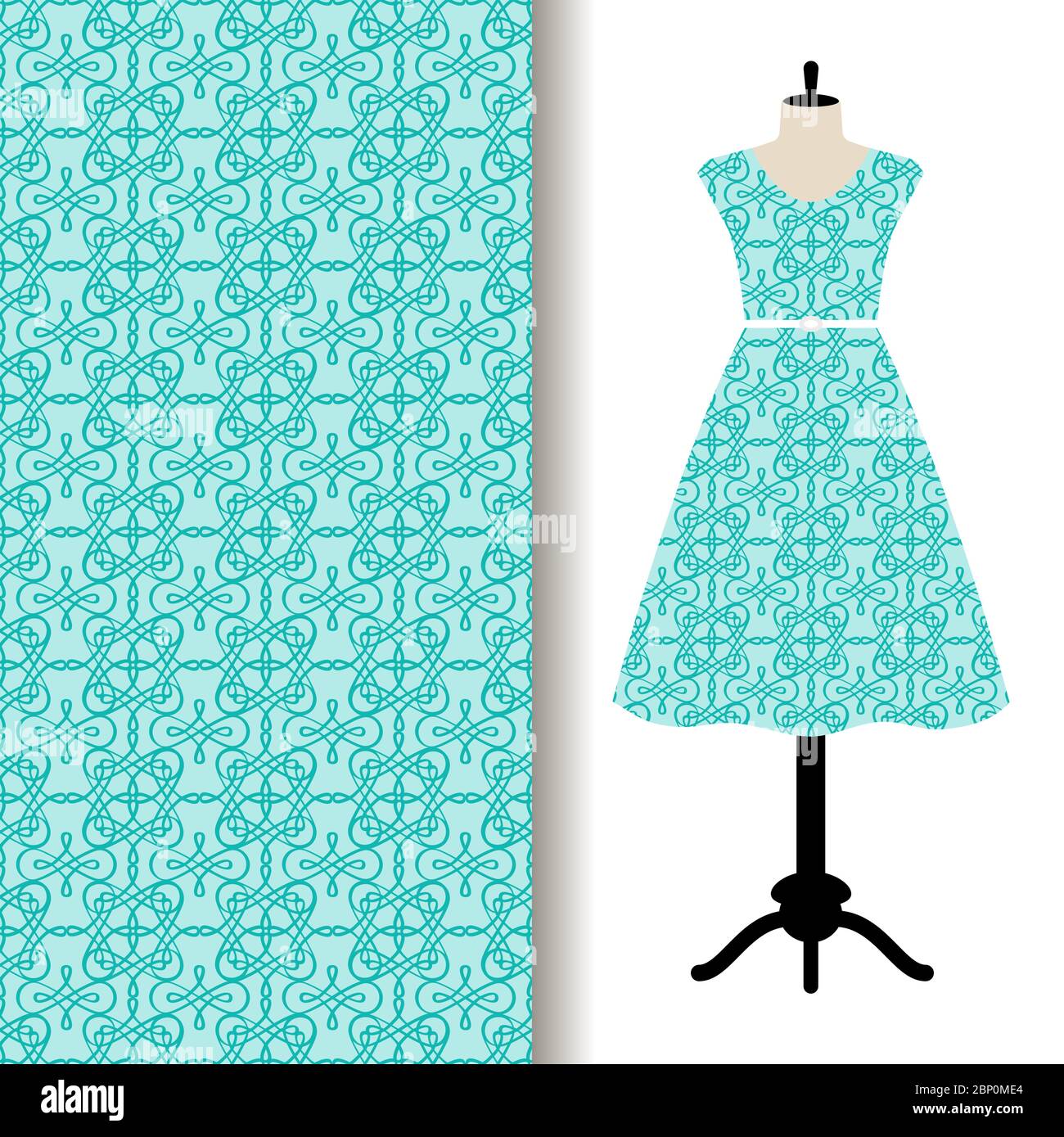 Women dress fabric pattern design on a mannequin with abstract blue pattern. Vector illustration Stock Vector