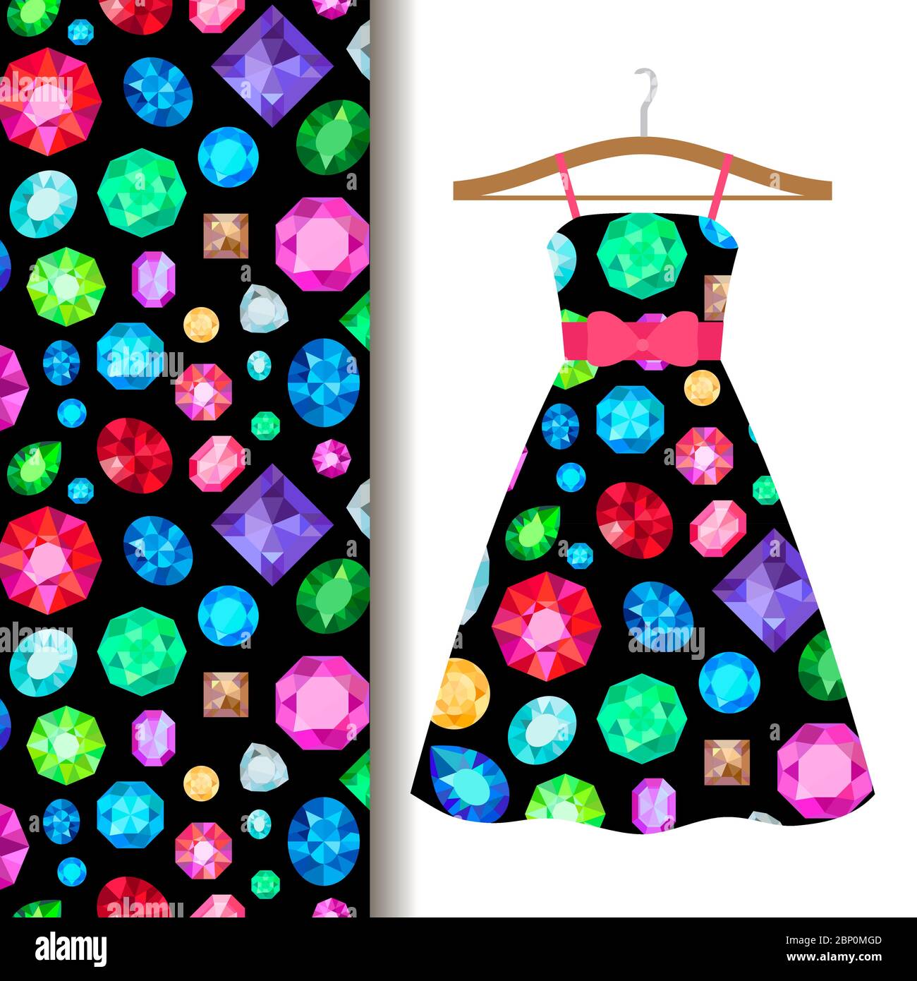 Women dress fabric pattern design on a hanger with gems. Vector illustration Stock Vector