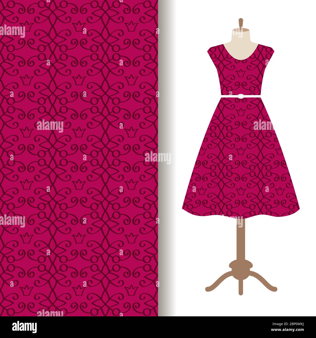 Women dress fabric pattern design on a mannequin with pink royal pattern. Vector illustration Stock Vector