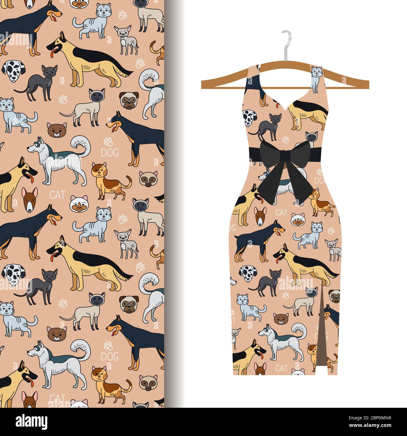 Women dress fabric pattern design on a hanger with dogs and cats