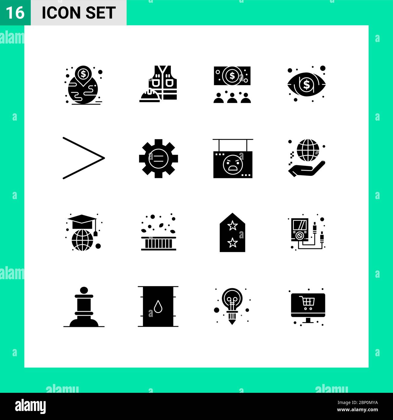 Pictogram Set of 16 Simple Solid Glyphs of world, next, business, arrow, eye Editable Vector Design Elements Stock Vector